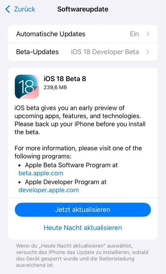 顺河回族苹果手机维修分享苹果 iOS / iPadOS 18 开发者预览版 Beta 8 发布 